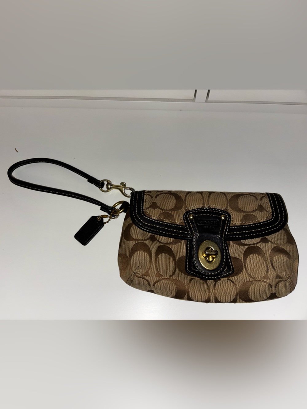 Coach Signature Canvas Wristlet in Brown with Black Trim